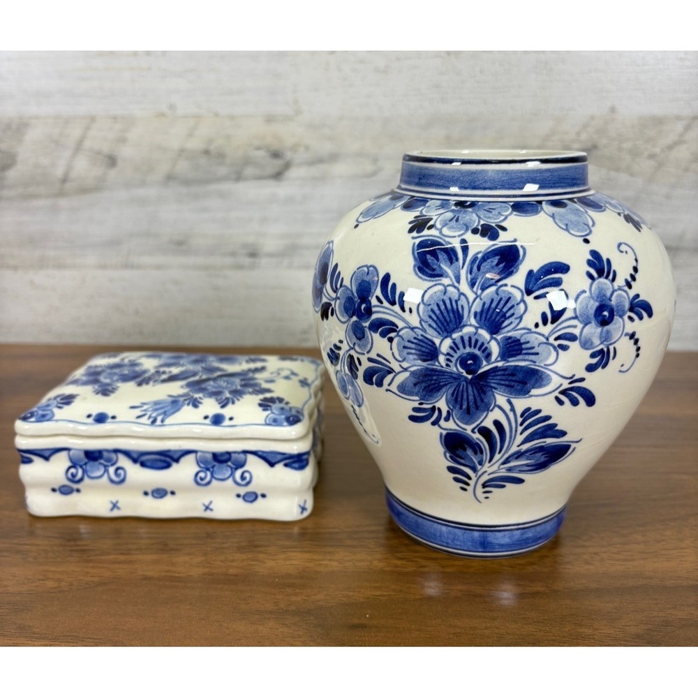 Vintage Delft‎ Holland Hand Painted Porcelain Vase and Jewelry Box Cobalt Blue